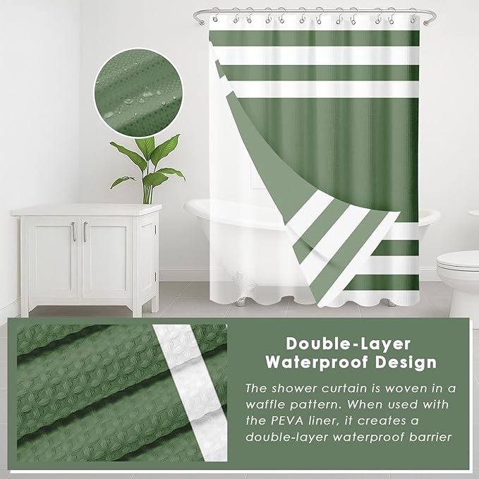 Britimes Sage Green Bathroom Sets with Shower Curtain and Rugs, Minimalist Striped Checkerboard Waterproof Shower Curtain Liner and Soft Non Slip Bath Mat for Bathroom Decor and Accessories Hooks