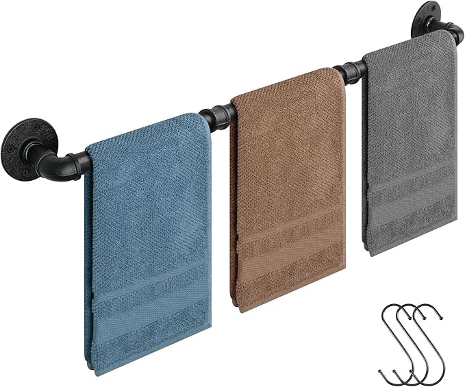 Industrial Pipe Towel Rack Towel Bar, Heavy Duty Wall Mounted Rustic Farmhouse Bath Towel Holder for Bathroom (Black, 42 inch)