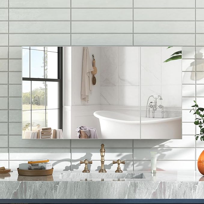 24x40 Inch Bathroom Medicine Cabinet with Mirror, Pre-Assembled Bathroom Medicine Cabinets, Surface/Recessed Wall Mounted Farmhouse Large Medicine Cabinet, Sliver