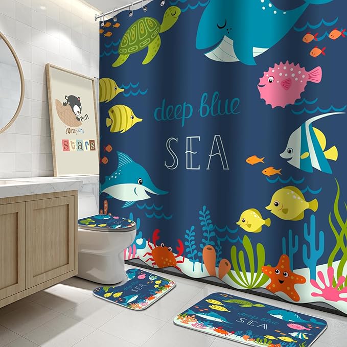 Lnond 4 Pcs Kids Bathroom Shower Curtain Set, Blue Sea Whales Bathroom Sets for Kids Bathroom Decoration with Shower Curtain, Non Slip Bathroom Rugs, Toilet Lid Cover, U Toilet Mat and 12 Hooks
