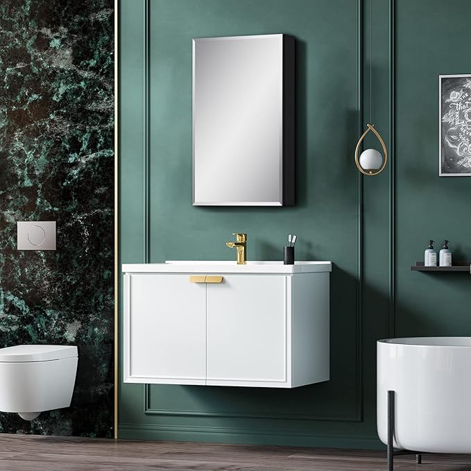Fundin Medicine Cabinet 14 x 24 inches Mirror Size, Recessed or Surface Mount, Black Aluminum Bathroom Wall Cabinet with Mirror and Adjustable Shelves.