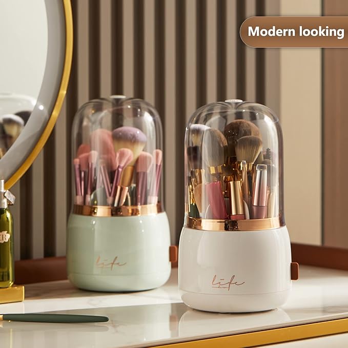 Makeup Brush Holder Organizer with Lid, Rotating Dustproof Make Up Brushes Organizer with Clear Acrylic Cover for Vanity Desktop Bathroom Countertop (Dark green)