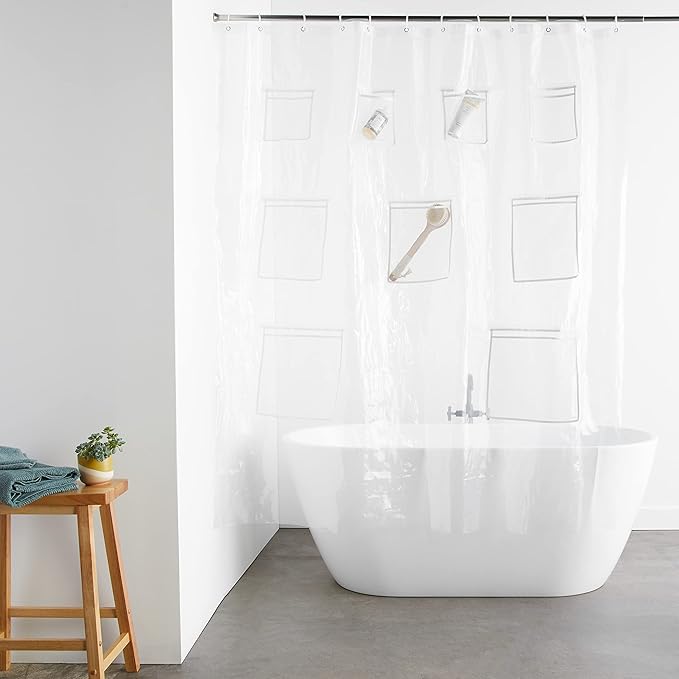 Amazon Basics 8-Gauge PEVA Shower Curtain or Liner with Mesh Storage Pockets - 72" x 72",Clear,(Pack of 10)