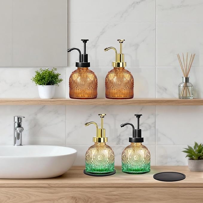 Amolliar 8 Oz Vintage Glass Bathroom Soap Dispensers with Pump, 2 Pack Refillable Kitchen Dish Soap Dispenser with Stripe, Antique Rustic Hand Soap Liquid Bottle (Brown-Black Pump)