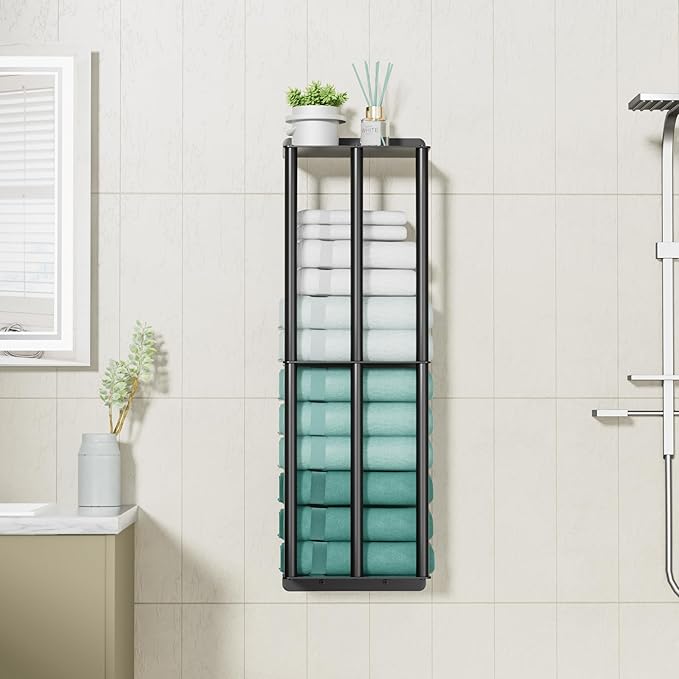 susswiff Towel Racks for Bathroom: 26 Inch Wall Mounted Towel Holder, Upgrade 2-Tier Towel Rack with 3-Vertical-Bars and 3-Steel-Shelves, for Modern Decor Bathroom Towel Storage (Matte Black)