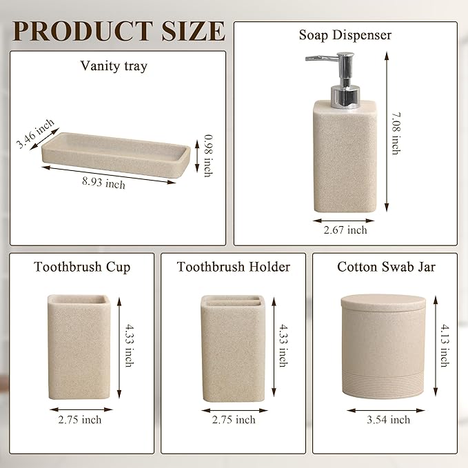 YMXYJM Bathroom Accessories Set, 6 Piece Bathroom Set with Toothbrush Holders, Soap Dispenser, Vanity Tray, Tumbler, Cotton Swab Jars, Bathroom Organizer,Bathroom Sink Sets, Stone Beige