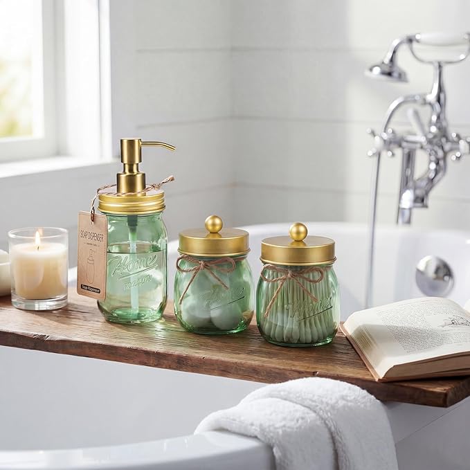 Amolliar Green Bathroom Accessories Set, 4Pcs Mason Jar Glass Bathroom Set, Lotion Soap Dispenser, Toothbrush Holder, 2 Qtip Holders, Rustic Farmhouse Bathroom Decor, Countertop Vanity Organizer, Gold