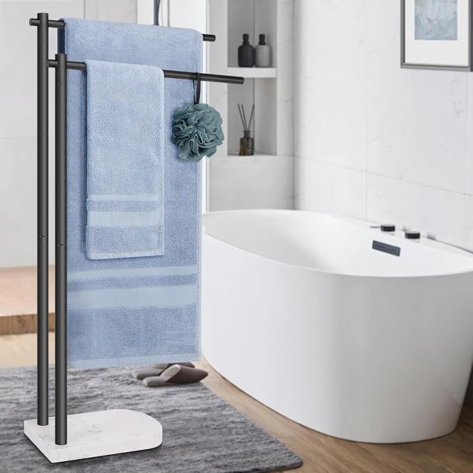 Livabber Standing Towel Rack, 304 Stainless Steel 2-Tier Towel Holder Stand with Marble Base, Modern Stylish Tall Shower Towel Bar for Bathroom Accessories, Pool(Black)