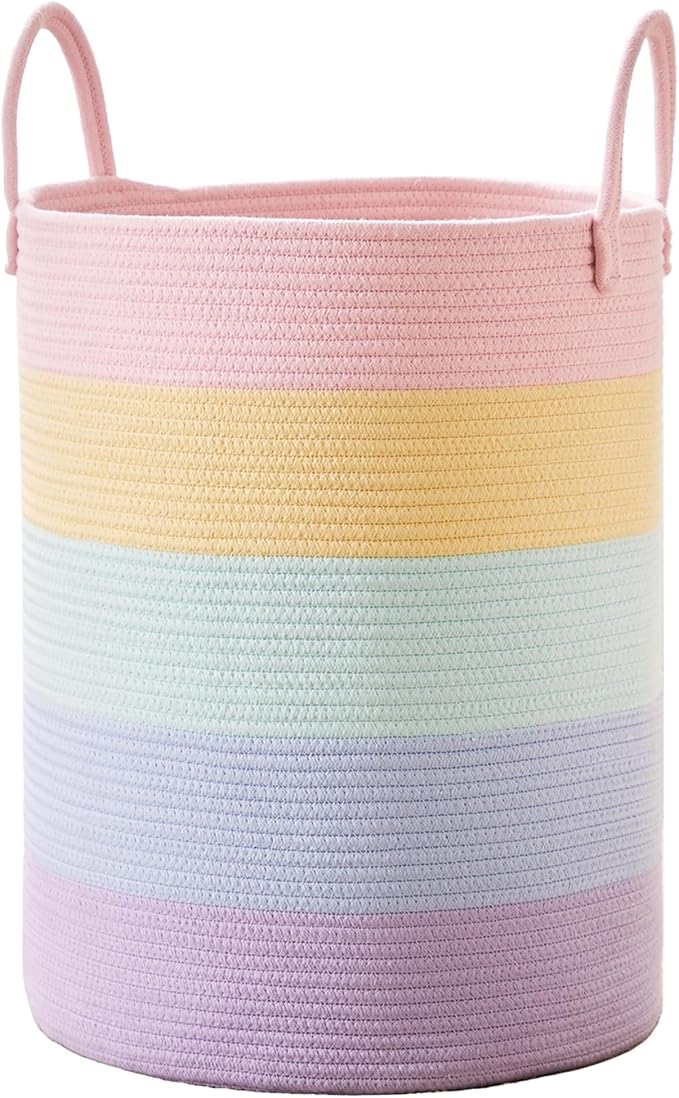 15Dx20H inches Baby Girls Kids Hamper Rainbow Laundry Basket for Nursery Clothes Pastel Unicorn Woven Hamper in Playroom Bedroom 60L Large Tall Blanket Basket
