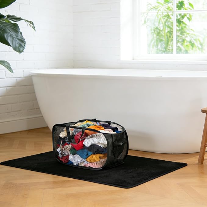 4 Pack Pop-Up Mesh Laundry Basket, Collapsible Laundry Hampers with Handle, Foldable Mesh Clothes Baskets for Home, Dorm, and Travel, Black Design