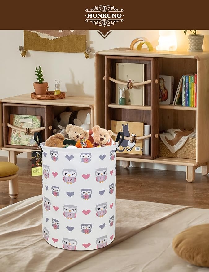 HUNRUNG Laundry Hamper,Large Canvas Fabric Lightweight Storage Basket Toy Organizer Dirty Clothes Collapsible Waterproof for College Dorms???Round-Love Owl???