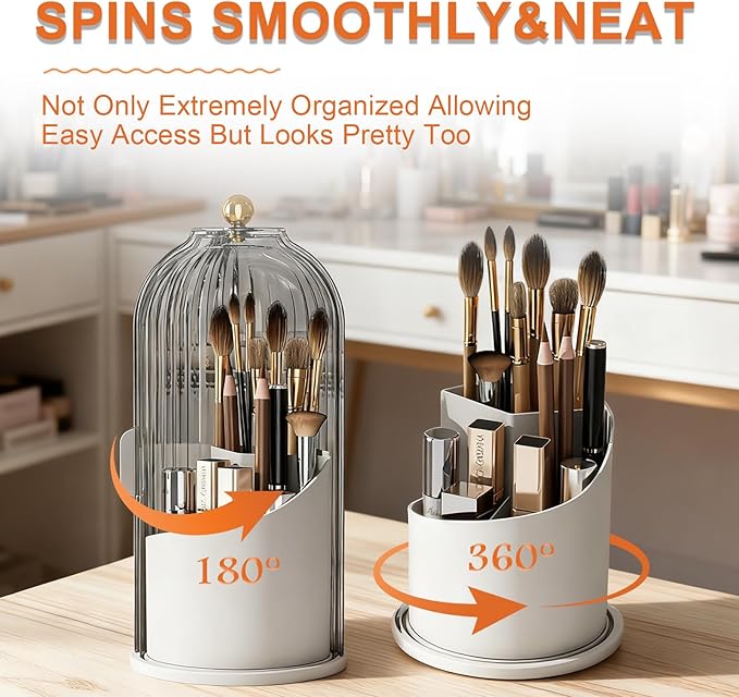 Makeup Brush Holder with Lid 360 rotating,Toothbrush Holder With lid for vanity,3 Slots Storage with 360 Rotating &180° Sliding Open for Bathroom Counter Organizer,Clear Dustproof & Waterproof 1pcs