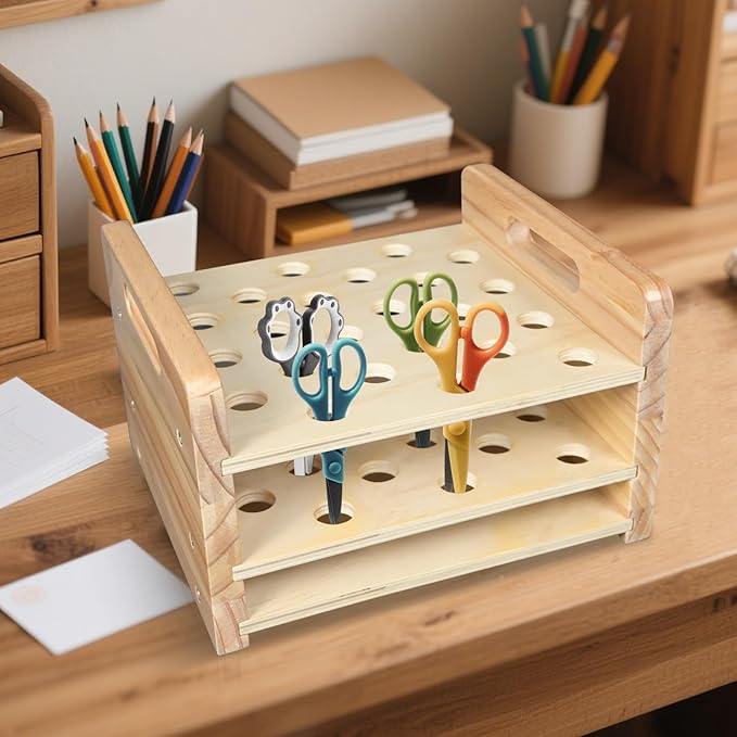 Wooden Scissor Holder Scissors Storage Rack 24 Holes Natural Wood Scissor Organizer Stand Eyebrow Pen Holder Display Stand Makeup Brush Rack Desk Organizer for Classroom Office Barber Shop Home