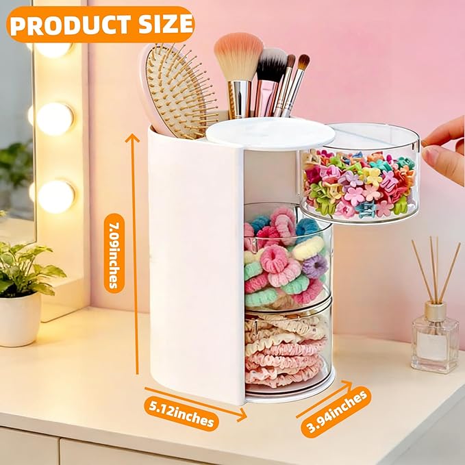 3-Layer Rotating Makeup & Jewelry Organizer with Hair Brush Holder, Vanity Organizer for Earrings, Necklaces, Rings, Bracelets, Hair Clips and Makeup Brushes (White)