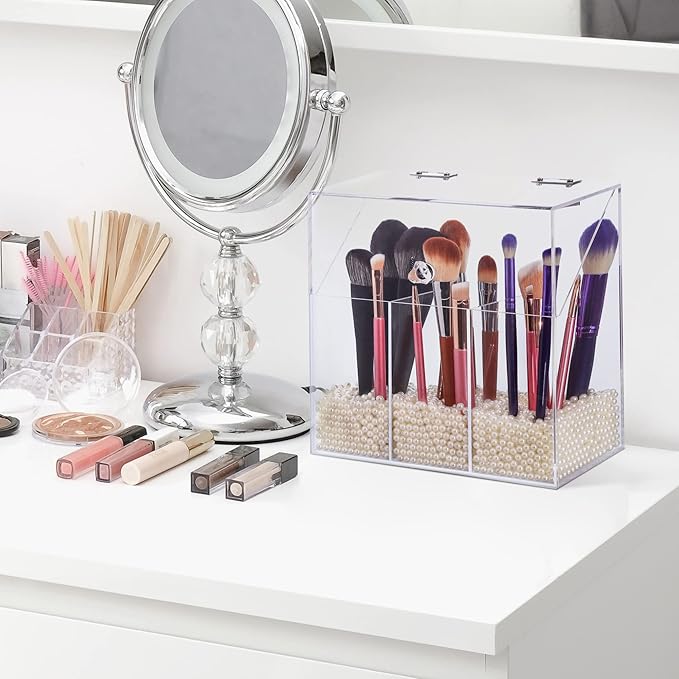 Acrylic Makeup Brush Holder with Lid - Clear Cosmetic Make up Brush Organizer and Storage Box with Dustproof Cover for Vanity - Large Capacity 3-Slots Container for Brushes (White)