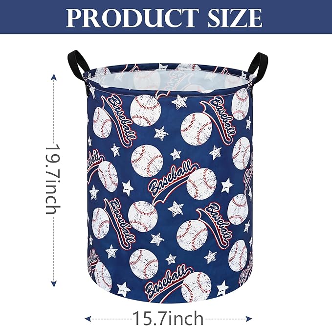 Round Baseball Pattern Laundry Hamper Clothes Storage Basket Fabric Storage Hamper Organization Storage Bin, Nursery Box,Gift Basket with Handles