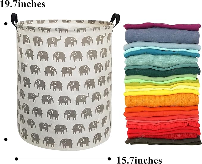 HIYAGON Canvas Storage Basket,Large Laundry Basket with Handles-Collapsible Storage Bin for Kids Room,Nersury Hamper,Toy Storage 19.7??15.7 (Grey Elephant)
