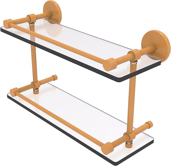 Allied Brass Prestige Skyline Collection Tempered Double Glass Shelf with Gallery Rail Golden Yellow 16 Inch