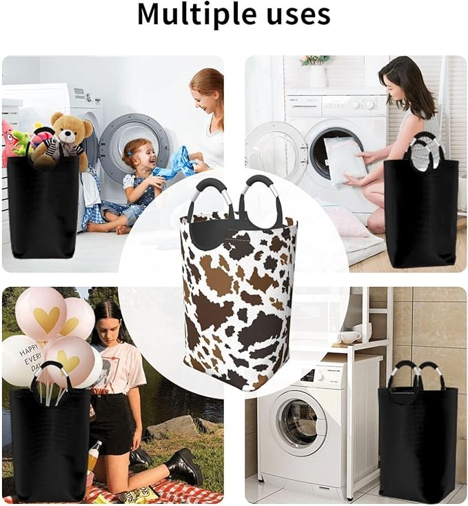 Cow Skin Laundry Basket Animal Laundry Hamper Cow Print Collapsible Baskets with Handle Dirty Clothes Hamper Bag for Dorm Family Bathroom Decor Storage 50L
