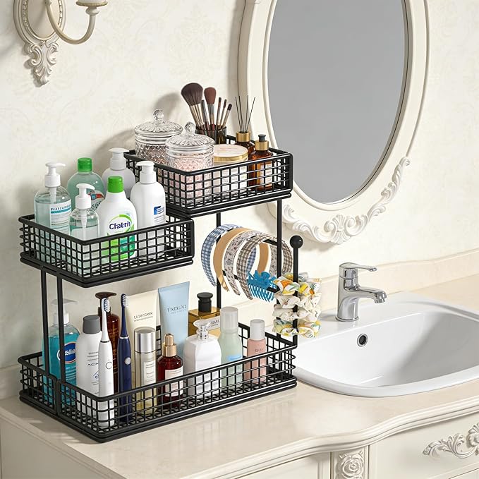Makeup Organizer Countertop for Vanity, 3 Tier Metal Bathroom Countertop Organizers Skincare Storage Holder Perfume Cosmetic Display, Multi-Use Storage Rack for Bathroom, Kitchen & Bedroom (Black)