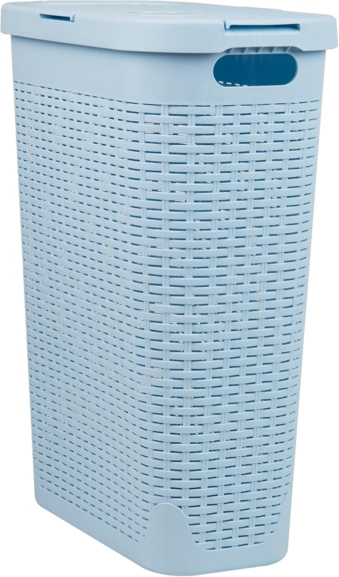 Mind Reader Slim Laundry Hamper with Lid, 40L Clothes Basket, Narrow Tapered Design with Ventilated Cutout Pattern, Plastic, Baby Blue