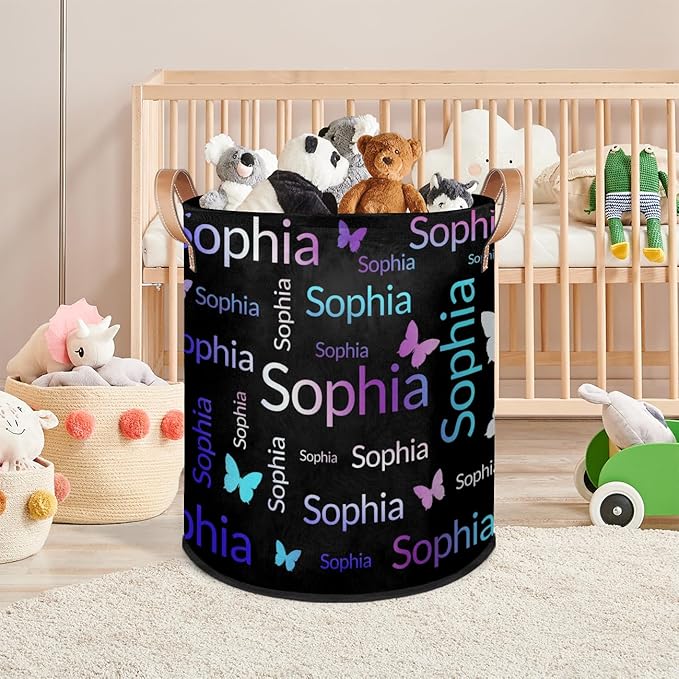 Custom Purple Pink Green Butterfly Laundry Hamper, Personalized Laundry Baskets with Handles Dirty Clothes Hamper Storage Basket