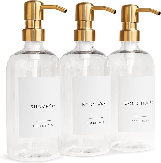 Stylish Shampoo and Conditioner Dispenser Set of 3 - Modern 21oz Shower Soap Bottles with Pump and Labels - Easy to Refill Body Wash Dispensers for an Instant Bathroom Decor Upgrade Clear