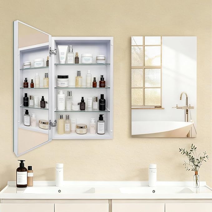 16x26 Bathroom Mirror with Storage,Recessed & Surface Mount Medicine Cabinet, Frameless Bathroom Cabinet with Mirror, Wall Mounted Mirror Cabinet for Bathroom, Modern Sleek Design