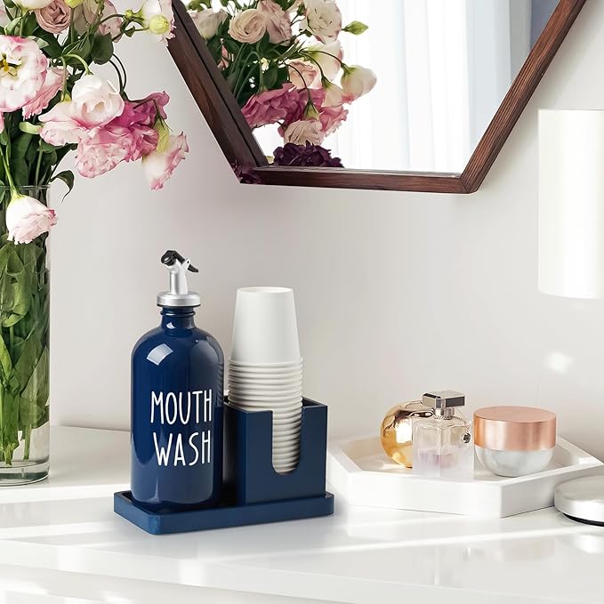Glass Mouthwash Dispenser for Bathroom, 16 OZ Mouthwash Dispenser with Pour Spout and Wood Cup Holder and Tray, Mouth Wash Bottle Container, Farmhouse Kitchen Bathroom Decor and Accessories, Navy Blue