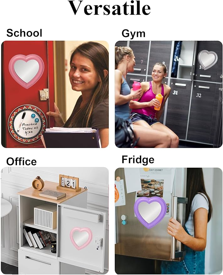 Heart Magnetic Locker Mirror for Girls, 6.9"x7.3" Real Glass Mirror Magnetic for School Locker, Locker Accessories Makeup Mirror for Bathroom Fridge Office Cabinet Gym (Pink)