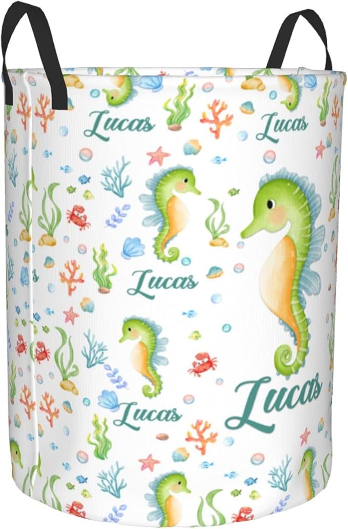 Personalized Seahorse Laundry Hamper, Ocean Themed Laundry Baskets with Custom Name, Collapsible Hamper for Kids Adults Home Decoration,16.5 X 13.8in