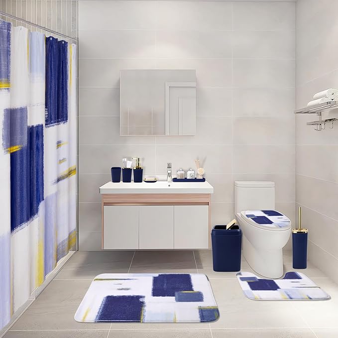XLHOMO Bathroom Set - Navy Blue and Gold Bathroom Accessories Set, Bathroom Sets with Shower Curtain and Rugs, Blue Shower Curtain Set with Bathroom Trash Can, Soap Dispenser,Soap Dish for Home Decor