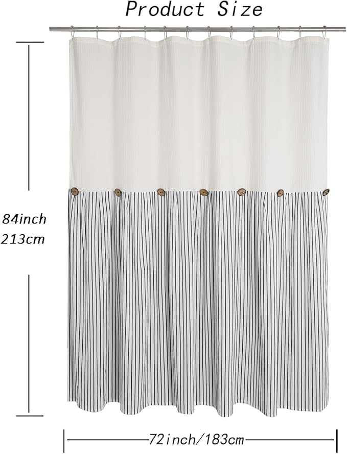 Farmhouse Shower Curtain,Beige and Black Striped,Button Curtain,Spa Waffle and Cotton Woven Fabric,Rustic Charm Country Chic Style,72x84 in