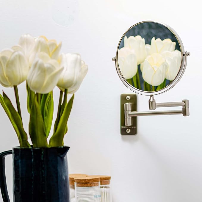 OVENTE 7" Wall Mounted Makeup Mirror with 1X/7X Magnification, Double Sided Magnifying Round Bathroom Vanity Mirror, 360° Swivel Design, Extendable and Folding Arm, Antique Bronze MNLFW70ABZ1X7X