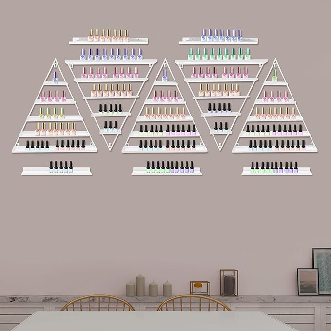 10PCS Triangular Wall-Mounted Nail Polish Racks, White 5-Tier Nail Polish Shelves, Heavy-Duty Cosmetic Display Cases with Raised Edges for Nail Salon, Home, Shop Use