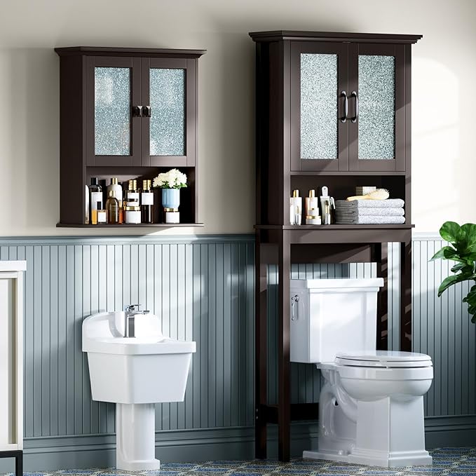 Bathroom Cabinet Wall Mount, Medicine Cabinet Over Toilet Storage Cabinet with Glass Door Build-in Spirit Level Cupboard Hanging Storage for Bathroom Laundry Kitchen Living Room (Espresso)