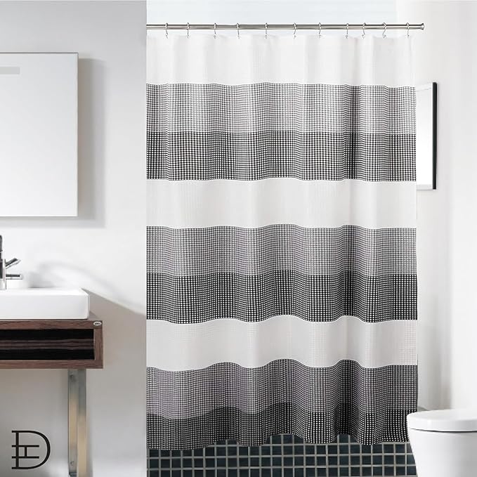 Dainty Home Ombre Waffle Weave Shower Curtain 70 x 72 Black Textured Fabric Shower Curtain, Hotel Style Waffle Weave Bathroom Curtain, Water Resistant Polyester Ombre Shower Curtain