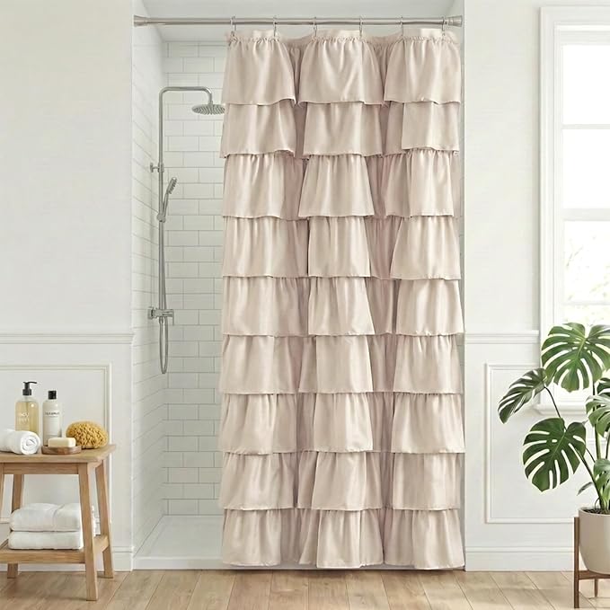 Seasonwood Small Beige Ruffle Shower Curtain Natura Farmhouse Vintage Handcrafted Rustic Decorative Fabric Shower Curtains for Bathroom, 36"x72"