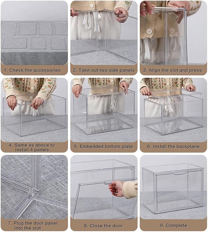 GUDEMAY Clear Stackable Plastic Storage Bins with Magnetic Lid, Dustproof Book & Cosmetic Acrylic Display Cases, Large Figures Collectibles Showcase, Shoe Box, Protection Organizer (L, Count, 3)