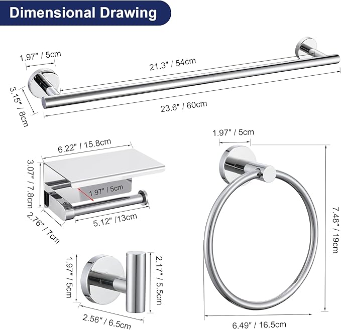 5-Piece Towel Bar Set Polish Chrome Bathroom Hardware Accessories Set Upgraded Toilet Paper Holder with Shelf Towel Holder Set for Bathroom Stainless Steel Wall Mounted