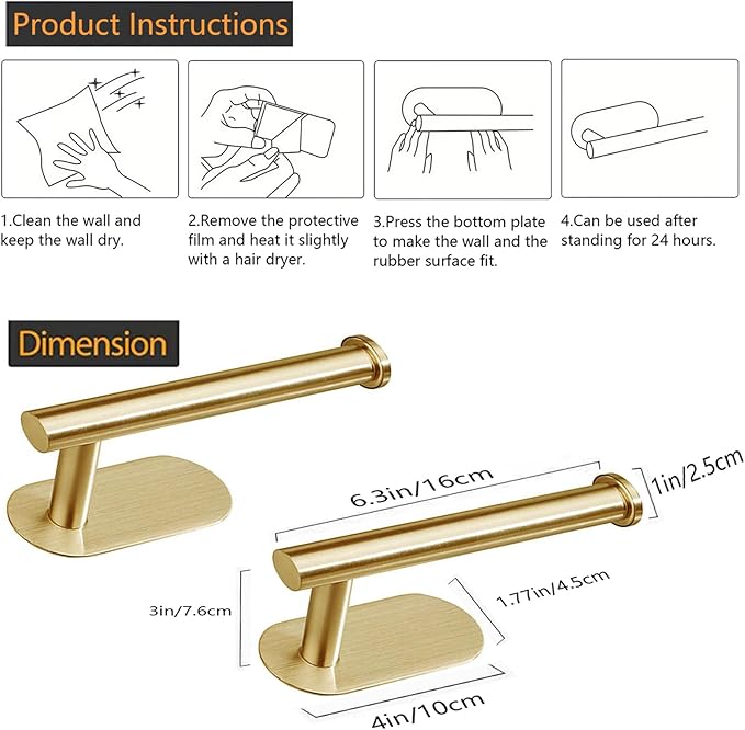 JOPOFI Toilet Paper Holder - Self Adhesive Toilet Paper Holder Wall Mount for Bathroom, SUS 304 Stainless Steel Command Strip Toilet Paper Roll Holder Stick On Wall, No Drilling - Brushed Gold(2 Pcs)