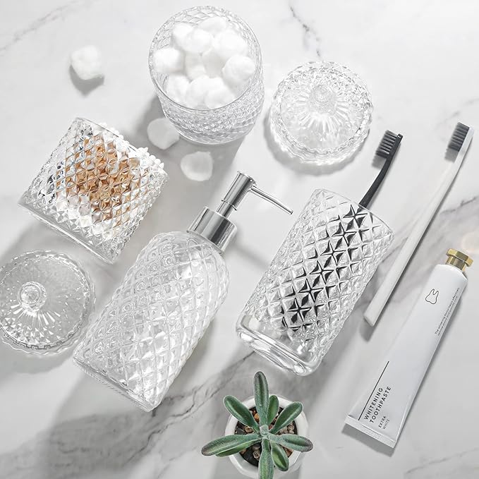 RYTOXILO Bathroom Accessories Set, 4 Pack Clear Glass Bath Accessory Sets Complete, Diamond Soap Dispenser and Toothbrush Holder Set for Bathroom Counter Organizer Essentials, Modern Bathroom Decor