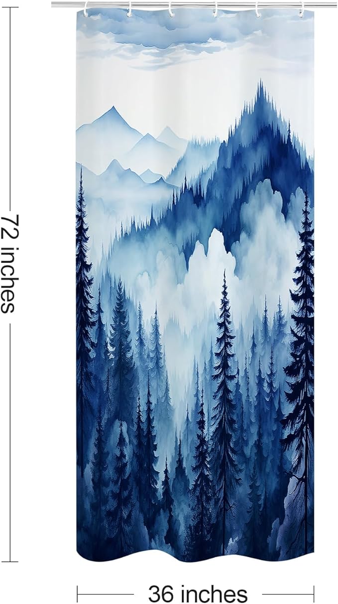 Navy Blue Small Stall Misty Pine Forest Shower Curtain 36 x 72, Mountain Foggy Woodland Scenery Tree Narrow Half Size Shower Curtains for Bathroom, Abstract Waterproof Nature-Themed Decor