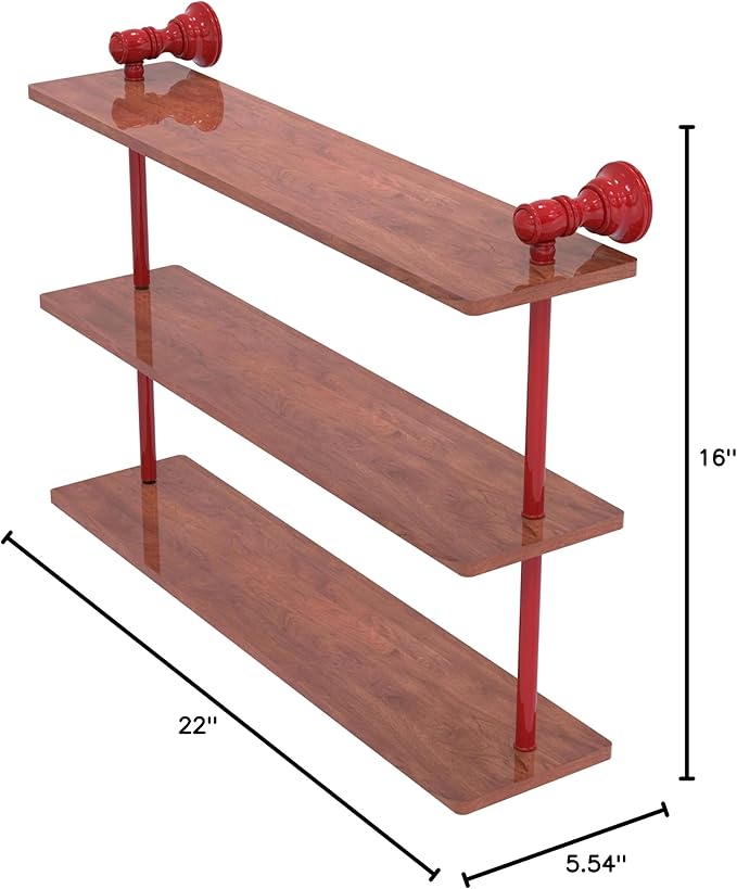 Allied Brass CL-5-22-IRW-FER Carolina Collection 22 Inch Triple Wood Shelf, Fire Engine Red