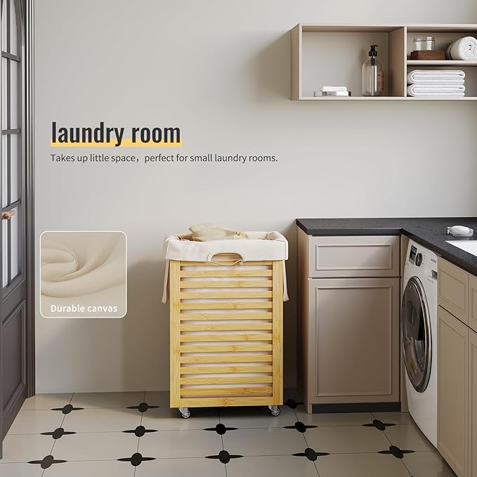 Laundry Hamper with Wheels,Rolling Laundry Basket with Removable Bag,Bamboo Clothes Hampers with Handles for Clothing, Bathroom, Bedroom, Laundry Room (Natural)