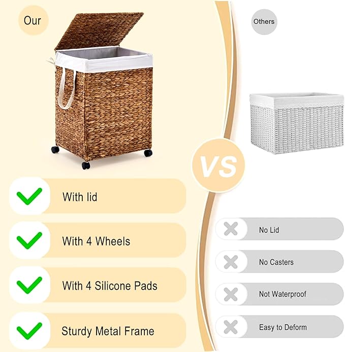 Rolling Laundry Hamper with Lid, Natural Water Hyacinth Basket with Removable Liner, Wheel or Non-Slip Installation Laundry Basket for Home Use (Espresso, 100L)