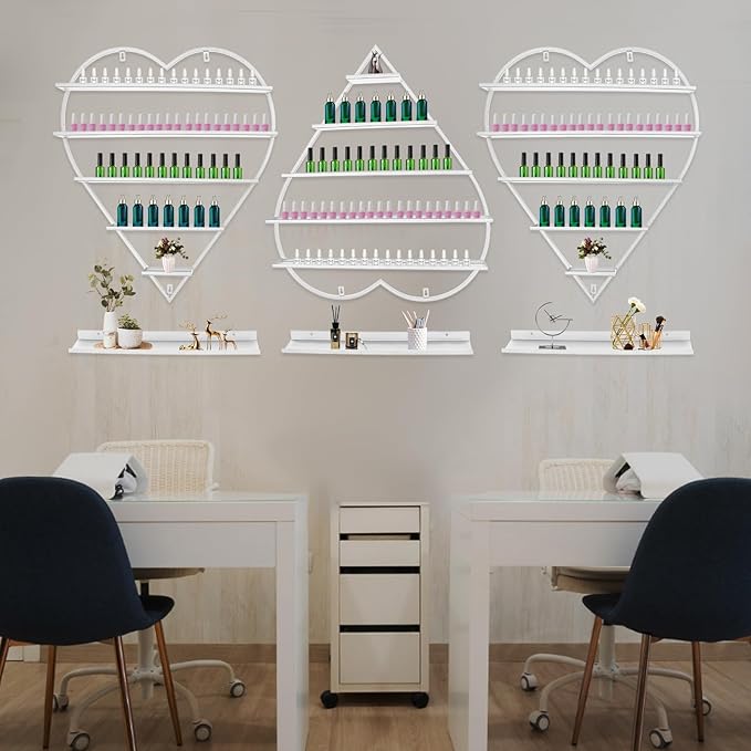 Nail Polish Display Racks 6pcs Metal Solid Color 5 Tiers Nail Polish Shelf Elegant Wall-Mounted Heart-Shaped Perfume Wall Shelf for Lipstick Perfume Nail Polish Essential (White)