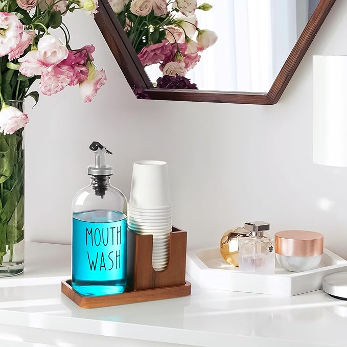 Glass Mouthwash Dispenser for Bathroom, 16 OZ Mouthwash Dispenser with Pour Spout and Acacia Wood Cup Holder and Tray, Mouth Wash Bottle Container, Farmhouse Kitchen Bathroom Decor and Accessories