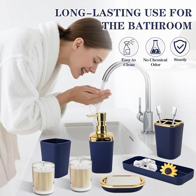 XLHOMO Blue Bathroom Set, Bathroom Sets with Stripe Shower Curtain, Navy Blue and Gold Bathroom Accessories with Trash Can, Soap Dispenser, Soap Dish, Toilet Brush Holder, Qtip Holders for Bathroom
