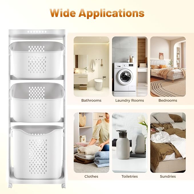 Laundry Basket 3 Tier with Wheels Stackable Clothes Hamper Organizer Laundry Basket Organizer with Removable Baskets for Bathroom, Laundry Room, Dormitory